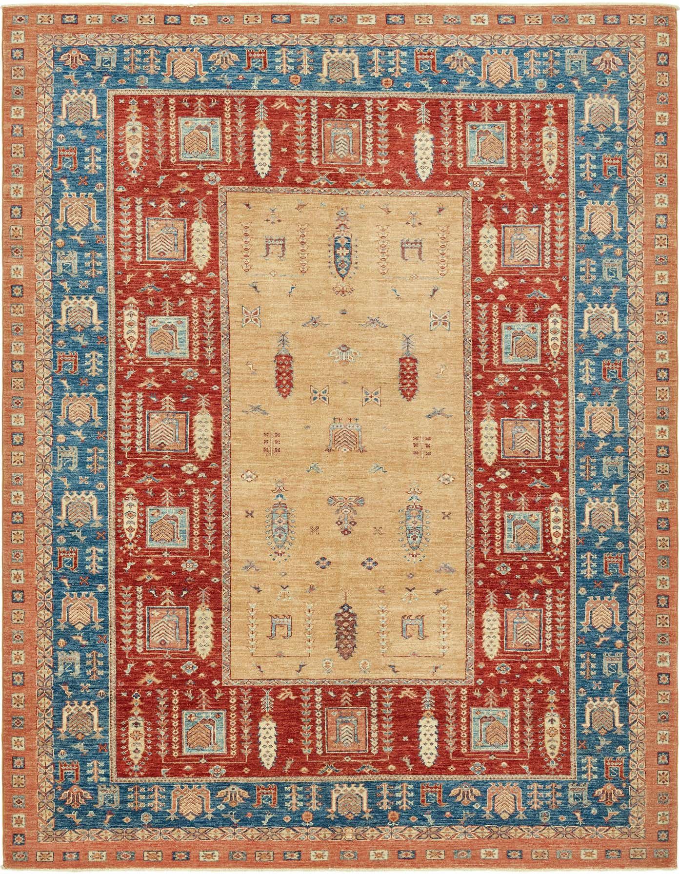 A 6x9 rectangular Ariana Ziegler rug featuring a tan center with intricate botanical and tribal motifs, framed by bold red and blue borders, all in a traditional style.