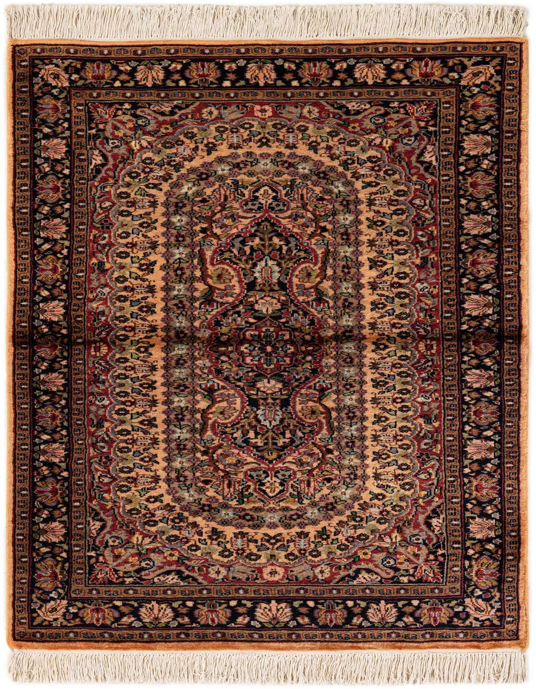 A rectangular 3x5 Bokhara rug featuring a central medallion and intricate floral patterns in shades of brown, tan, and cream with dark borders and white fringes.