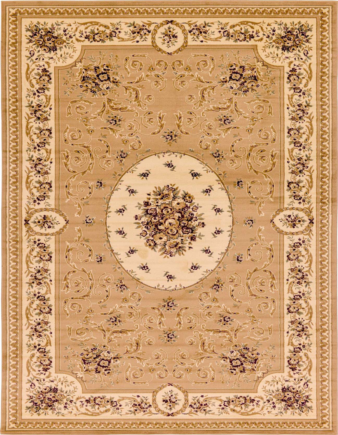 A 10x16 rectangular Chateau rug featuring a traditional French medallion design in browns, tans, and ivories.