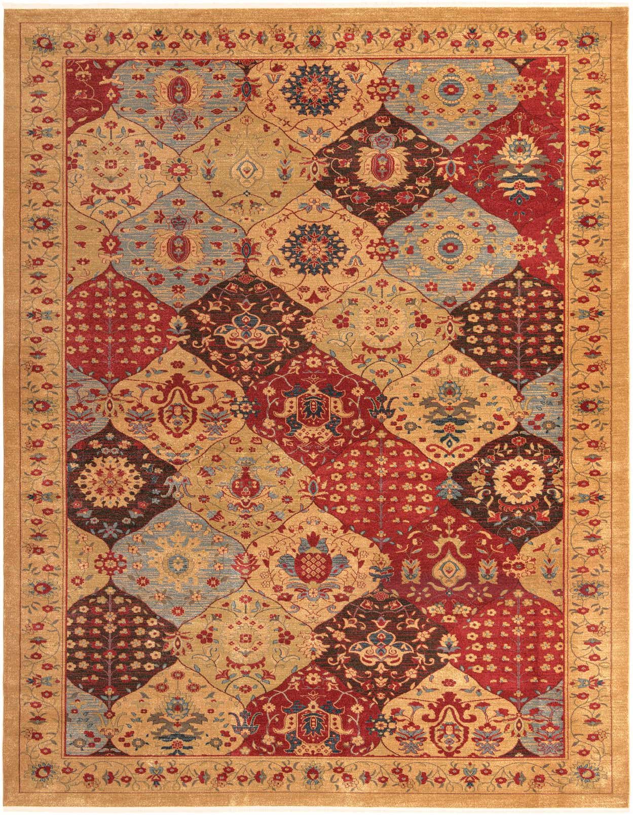 A rectangular Chelsea Palace Rug by Rugs.com featuring a traditional botanical pattern in brown, tan, red, and light blue hues.