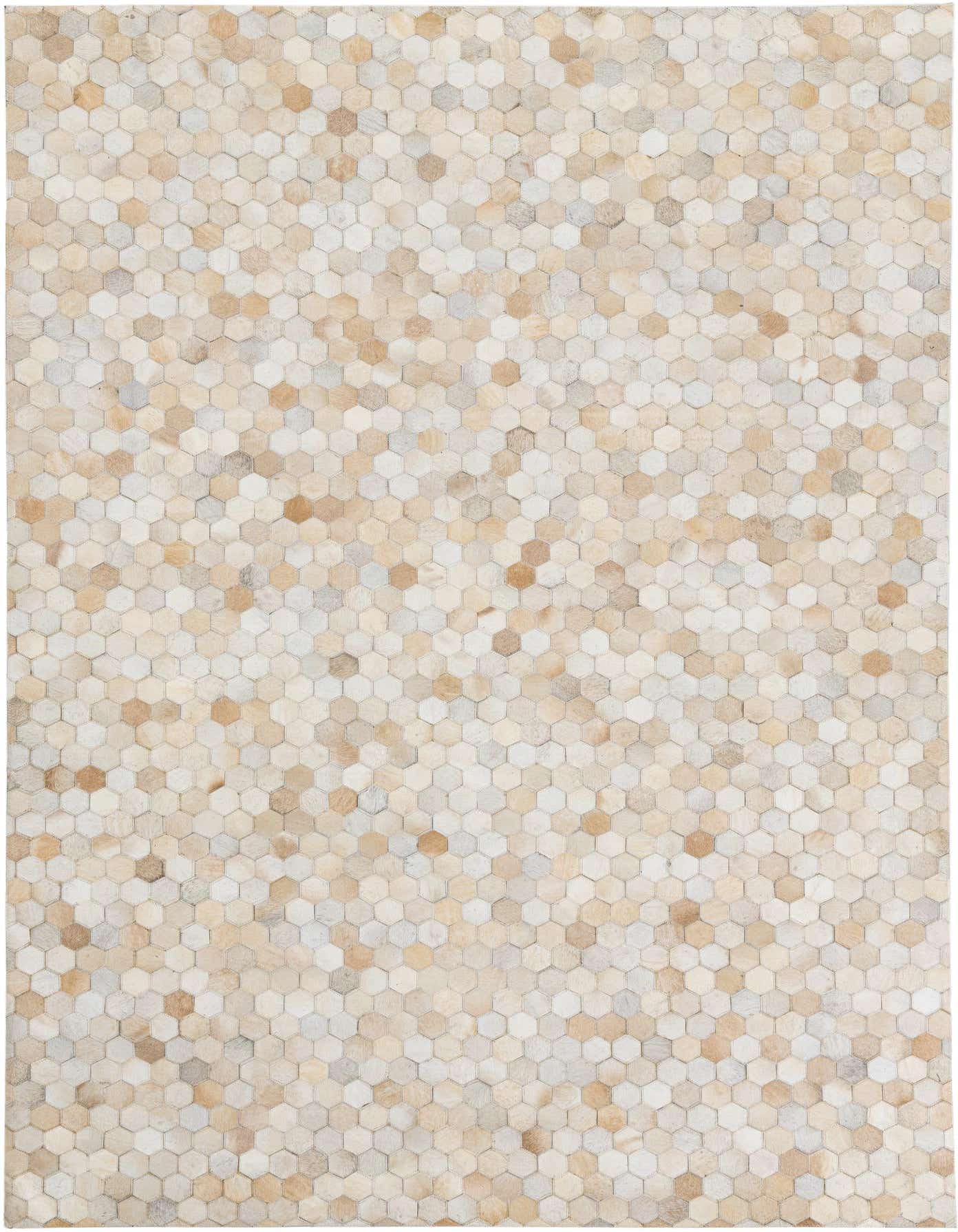 A 5x8 rectangular Cowhide & Leather rug featuring a modern abstract pattern of small hexagonal patches in varying shades of brown, tan, and ivory.