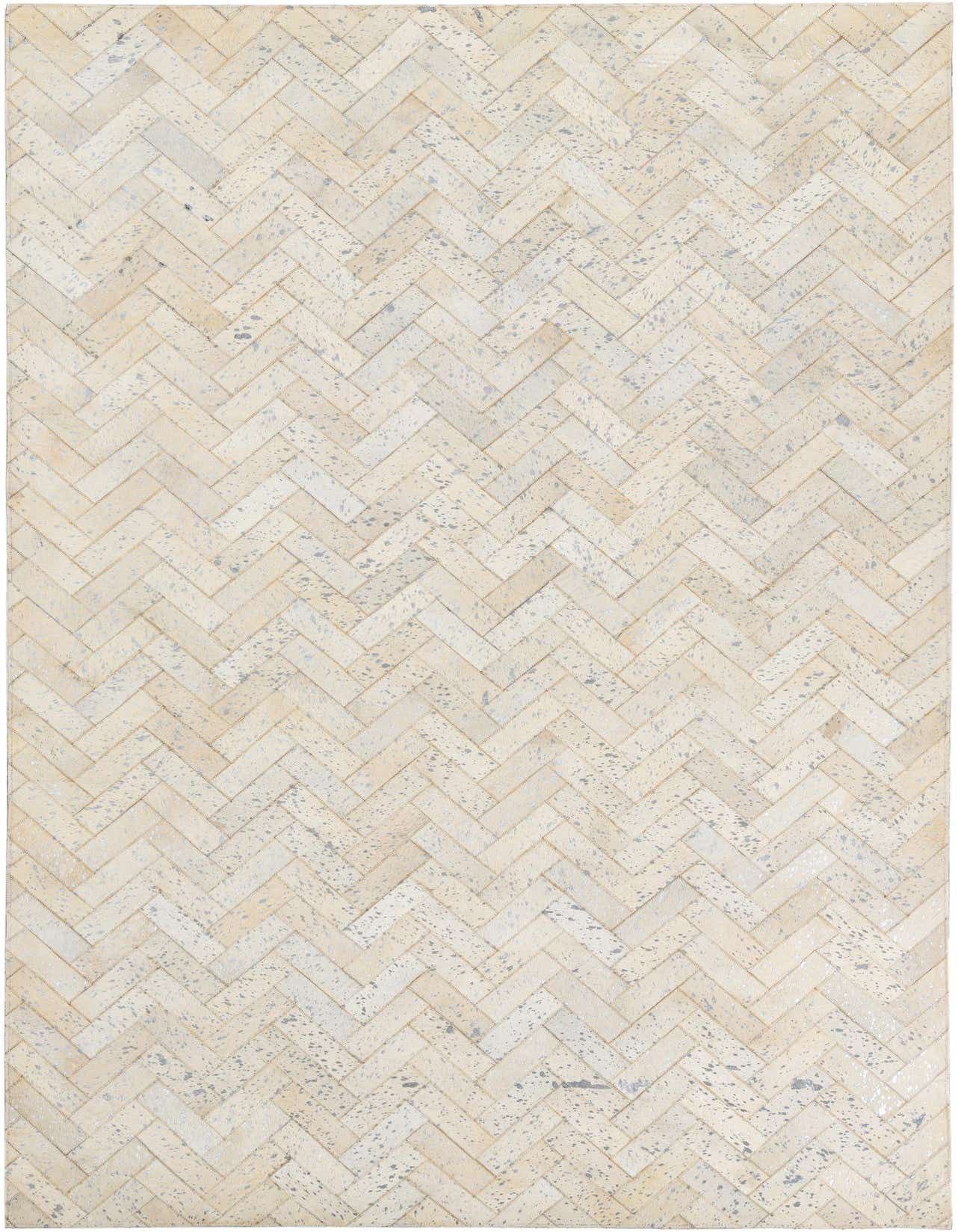 A 5x8 rectangular Cowhide Leather rug featuring a modern abstract herringbone pattern in shades of brown, tan, and cream.