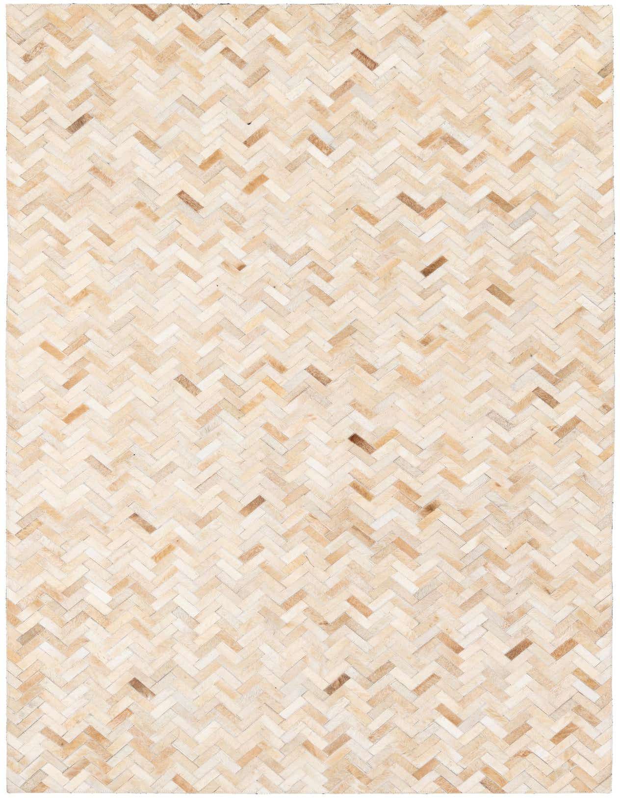 A 5x8 rectangular Cowhide Stocks rug featuring a geometric patchwork pattern in varying shades of brown, tan, and cream.