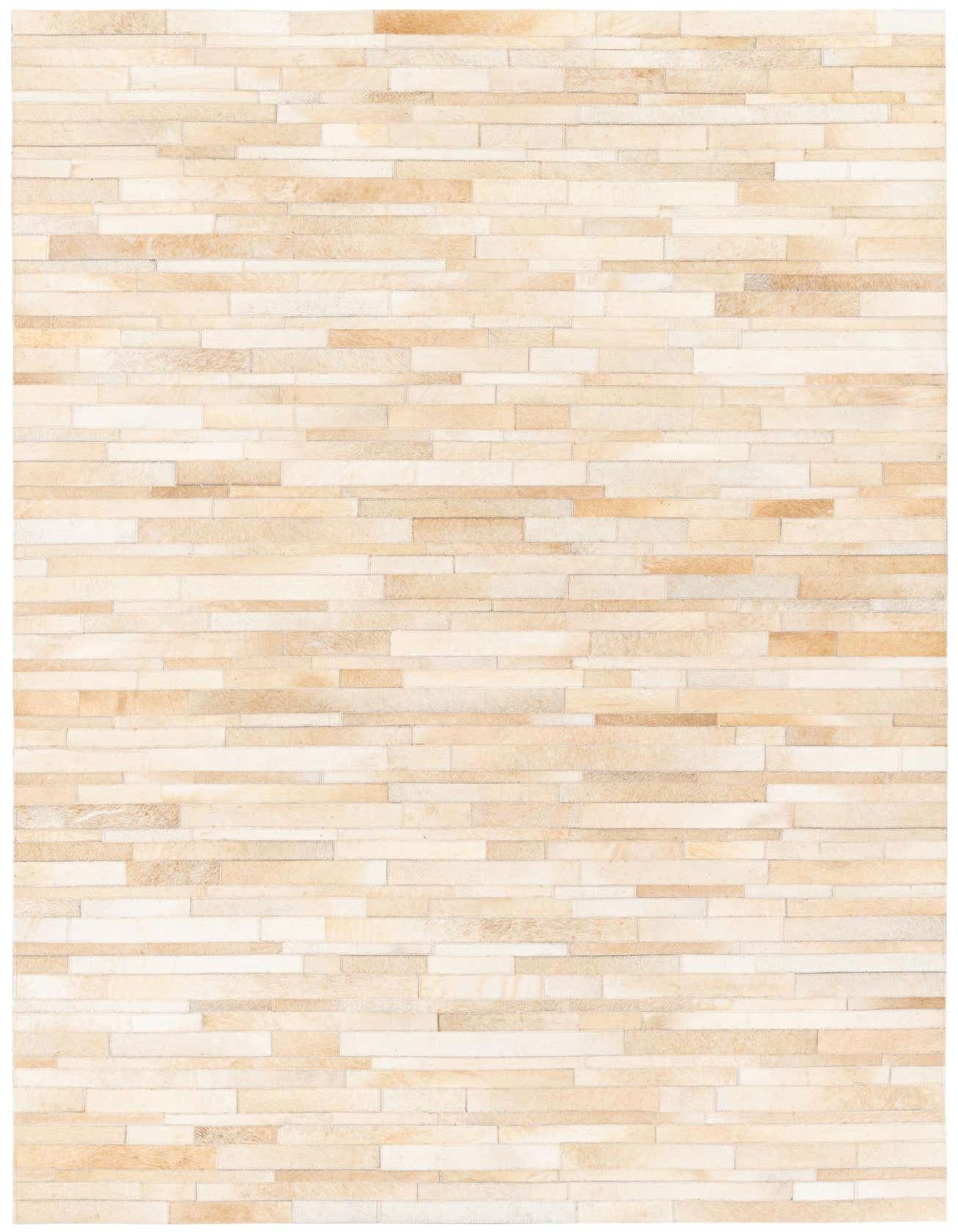A 5x8 rectangular Cowhide Stocks rug by Rugs.com featuring a modern stripe pattern in varying shades of brown, tan, and cream.
