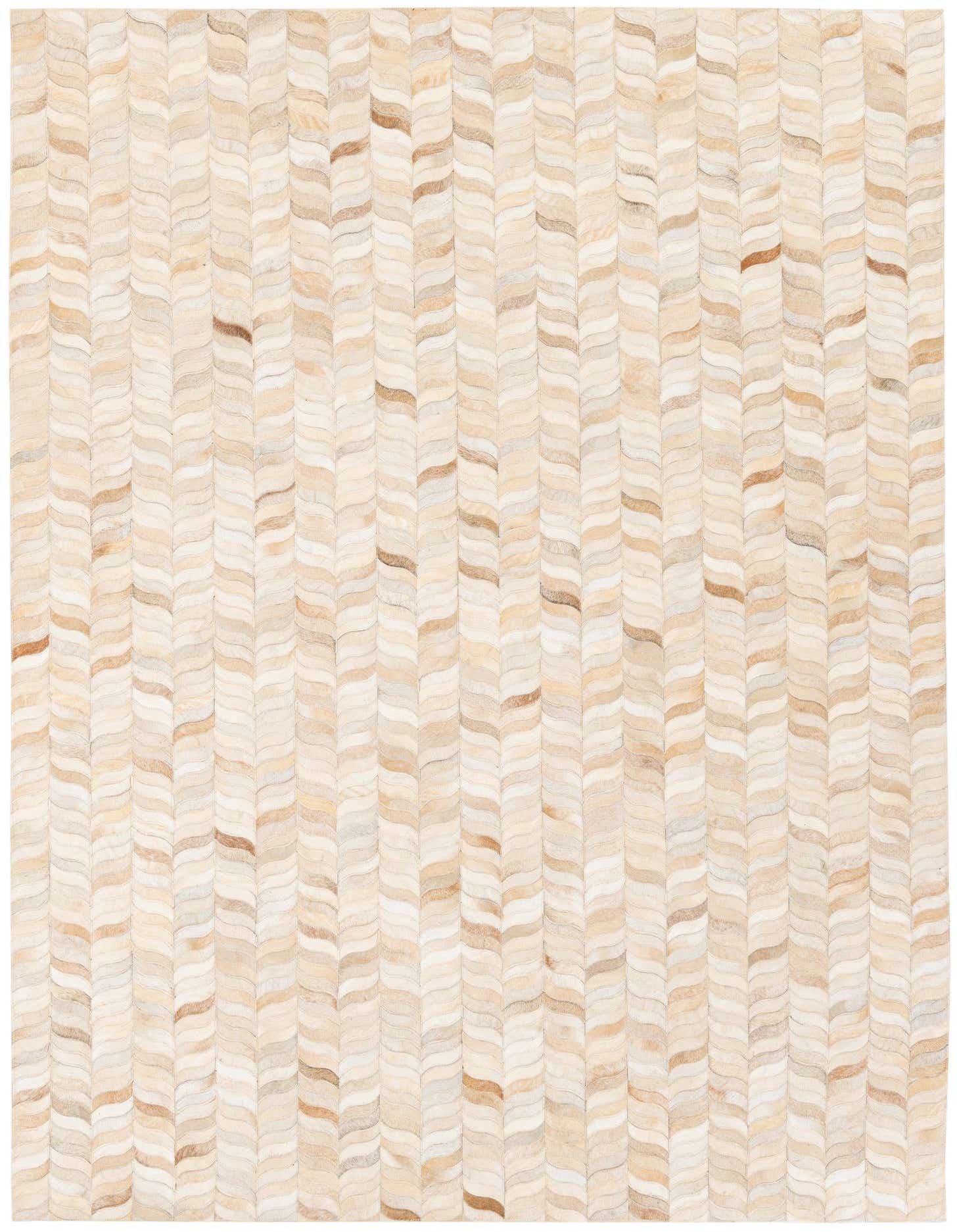 A rectangular 5x8 modern cowhide rug featuring a chevron pattern in varying shades of brown, tan, and cream.