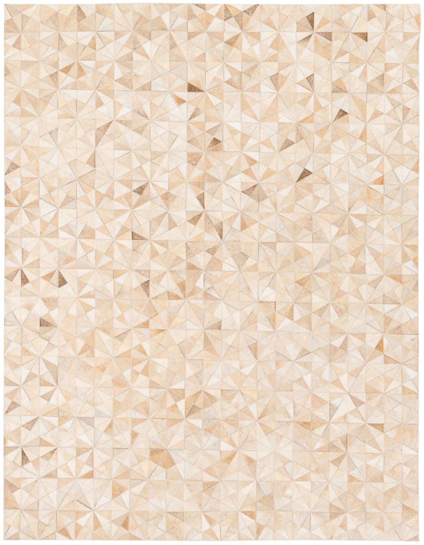 A 5x8 rectangular Cowhide Stocks rug featuring a modern geometric pattern in varying shades of brown, tan, and cream.