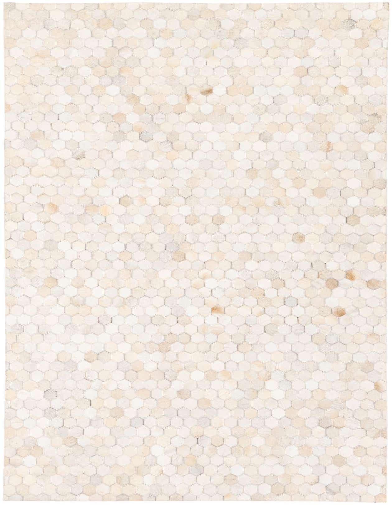 A 5x8 rectangular Cowhide Stocks rug featuring a modern hexagonal mosaic pattern in varying shades of brown, tan, and cream.