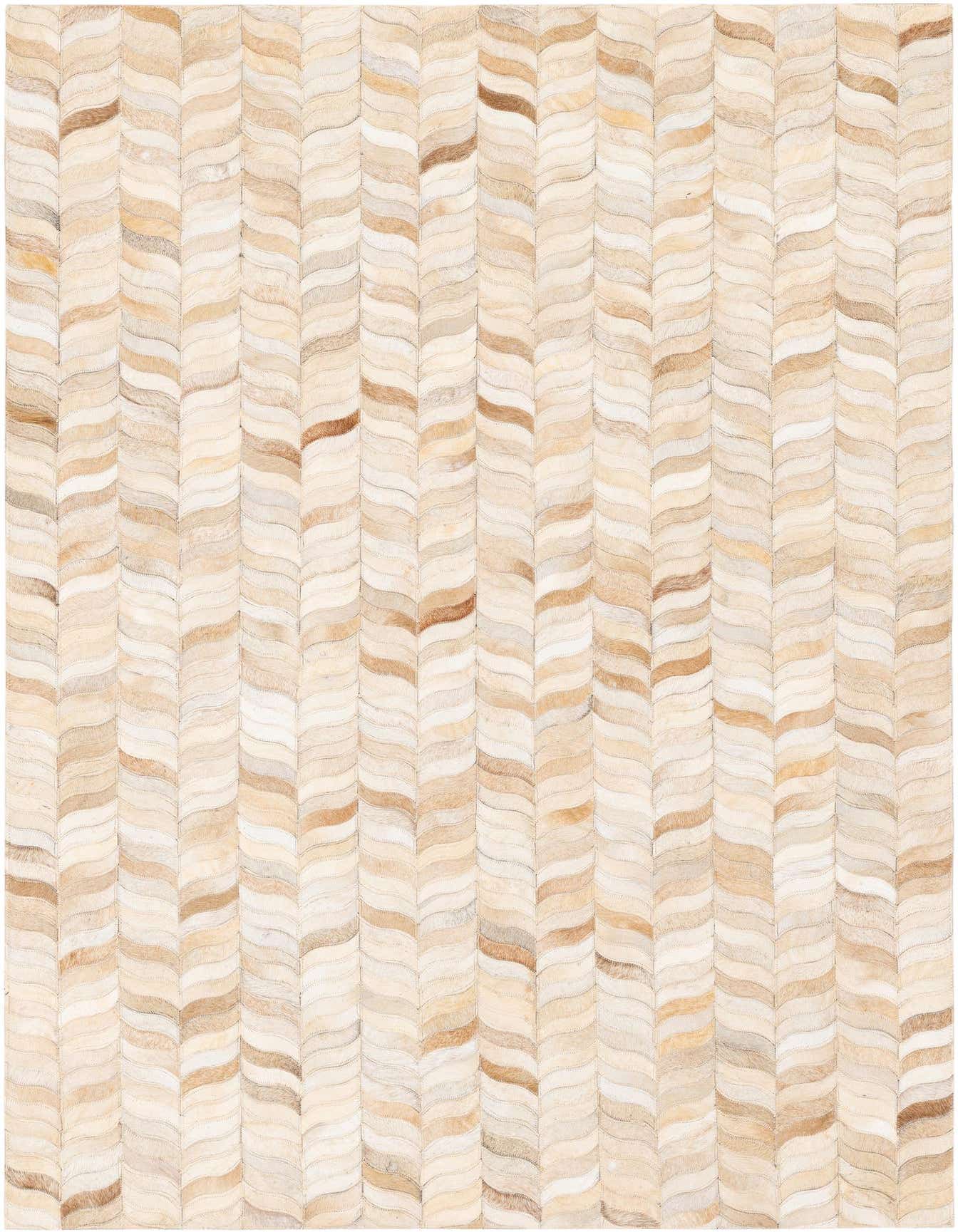 A 4x6 rectangular Cowhide Stocks rug featuring a modern chevron pattern in various shades of brown, tan, and cream.