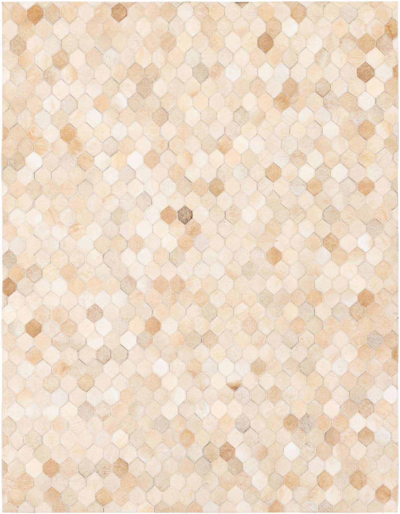 A 4x6 rectangular Cowhide Stocks rug featuring a modern hexagonal patchwork pattern in varied shades of brown, tan, and ivory.