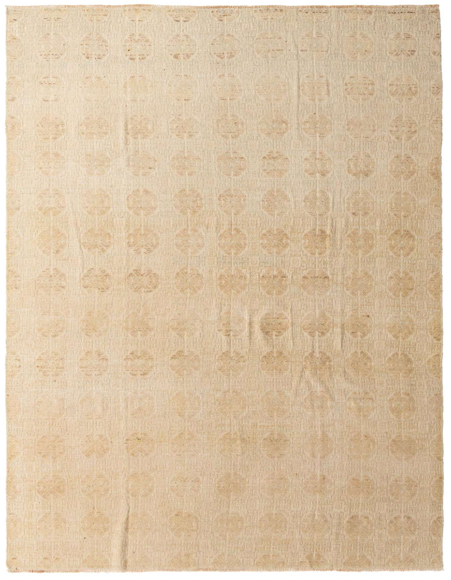 A large 9x12 rectangular Darya rug in shades of brown and cream, featuring an abstract, modern circular pattern, perfect for a living room.