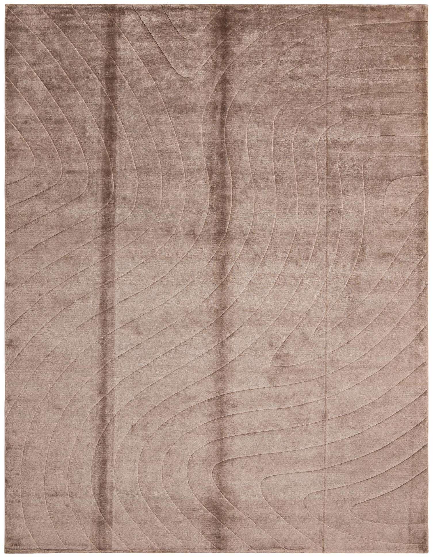 A 10x13 rectangular Darya wool rug in shades of brown and tan, featuring a modern, abstract wavy pattern.