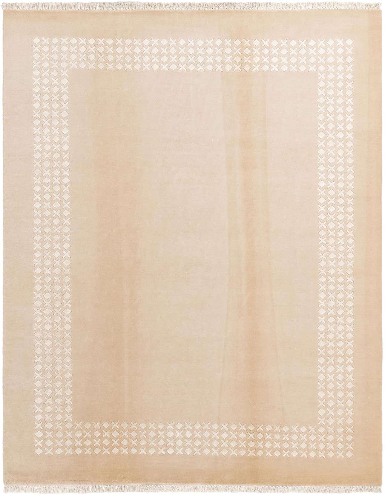 A 7x10 rectangular Darya rug in light brown and ivory with a modern geometric border pattern.
