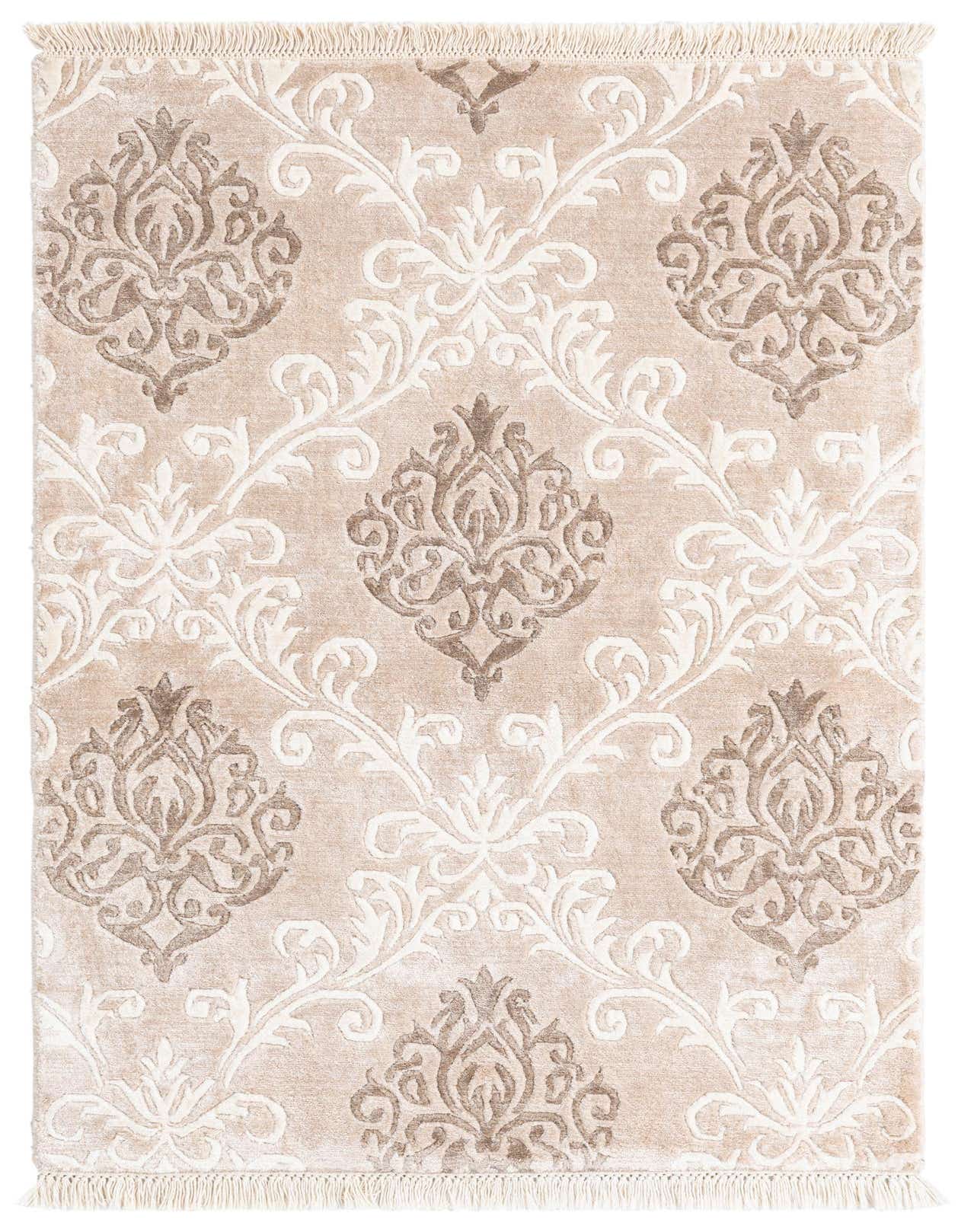 A 3x4 rectangular Darya rug with a modern oriental pattern in brown, tan, and ivory, featuring high pile and fringe.