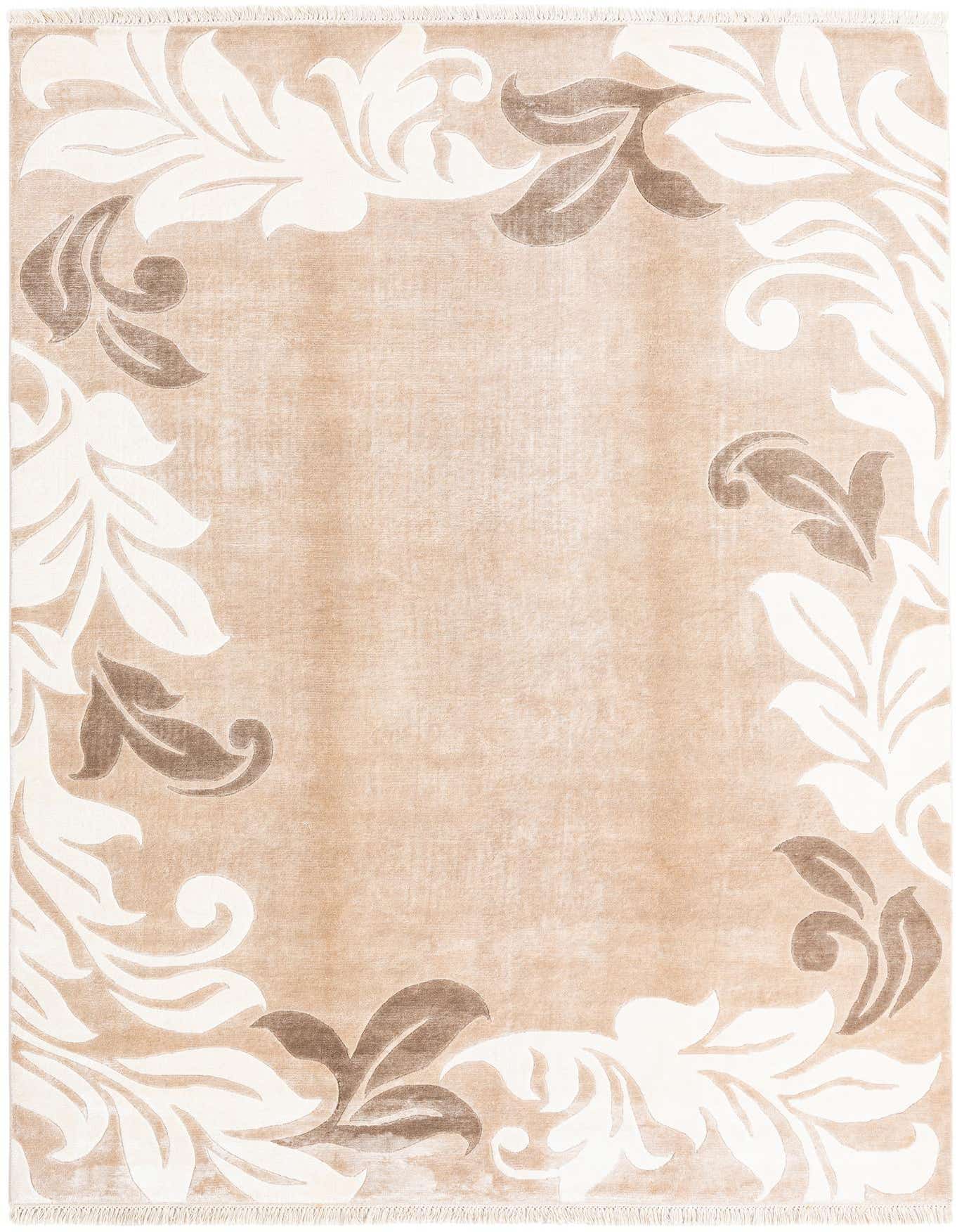 A 5x8 rectangular Darya rug with a tan background and a border of large ivory and brown modern floral motifs.