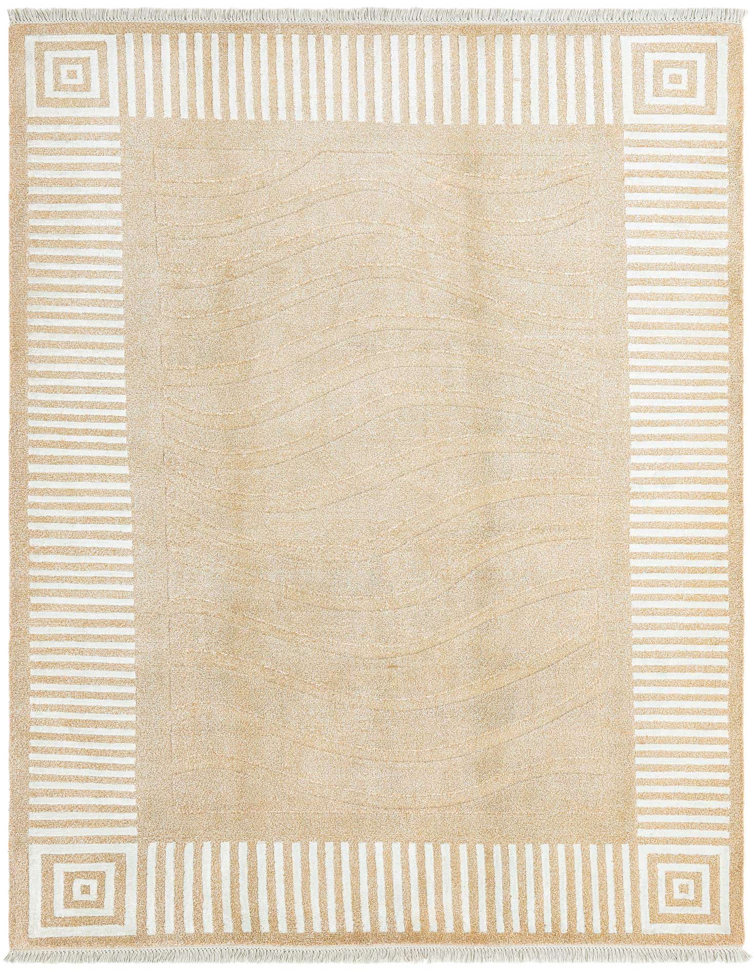 A 5x8 rectangular Darya rug in tan and ivory, featuring a modern striped border and subtle wave pattern, ideal for a living room.