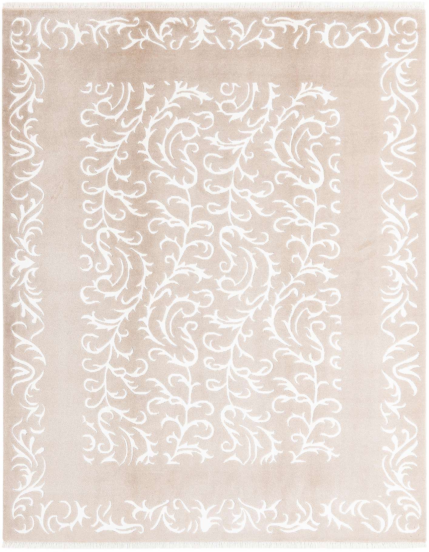 A 7x10 rectangular Darya rug in light brown with a high pile, featuring an elegant modern ivory scroll pattern and border, suitable for a living room.
