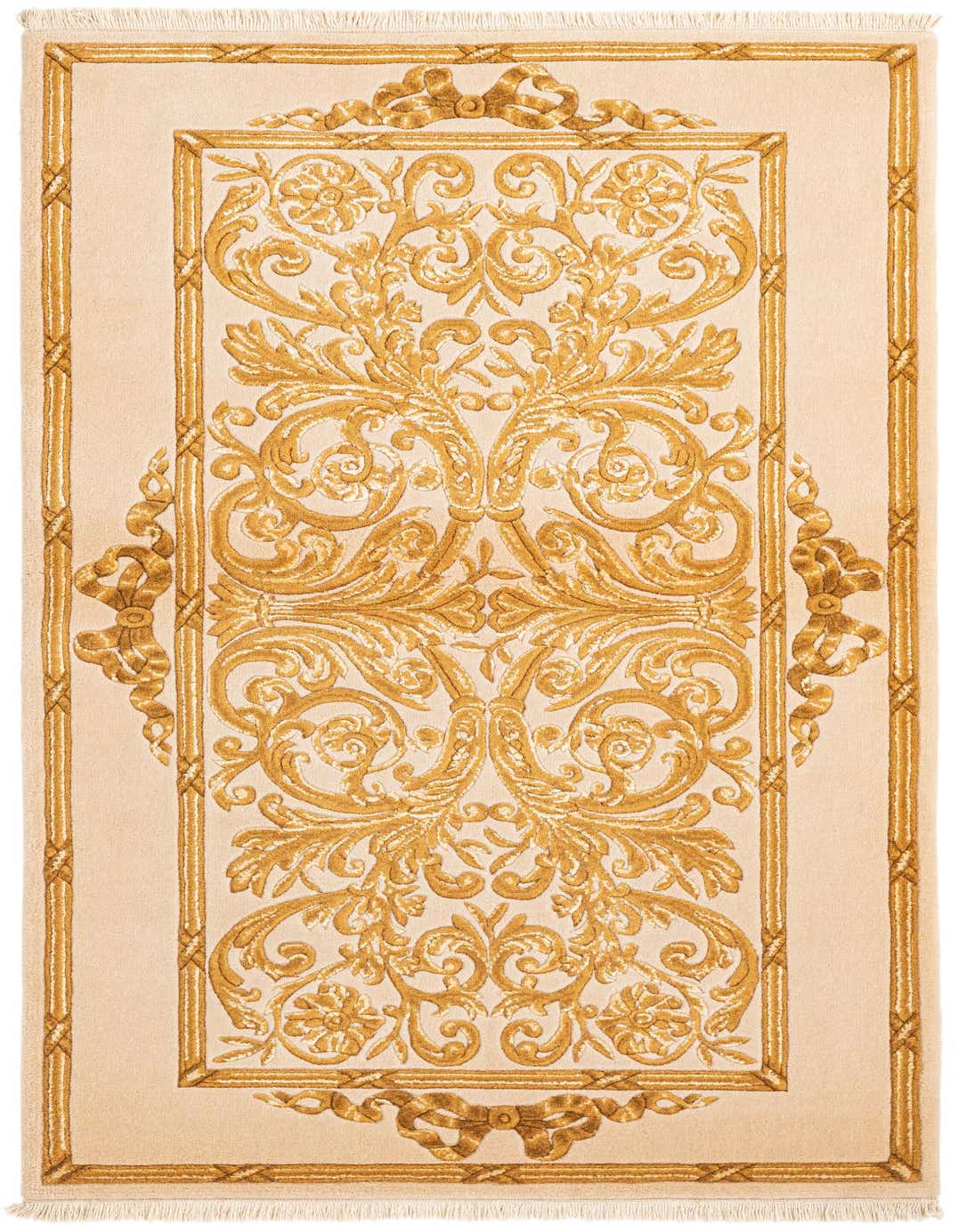 A 3x5 rectangular Darya rug with a high pile, featuring an ornate gold and cream modern pattern.
