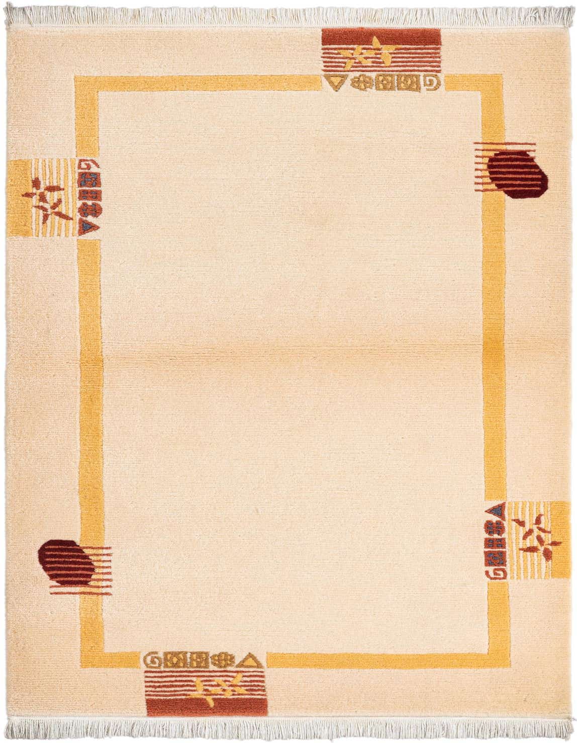 A 3x5 rectangular Darya rug with a cream field, a gold border, and abstract brown and gold modern oriental patterns.