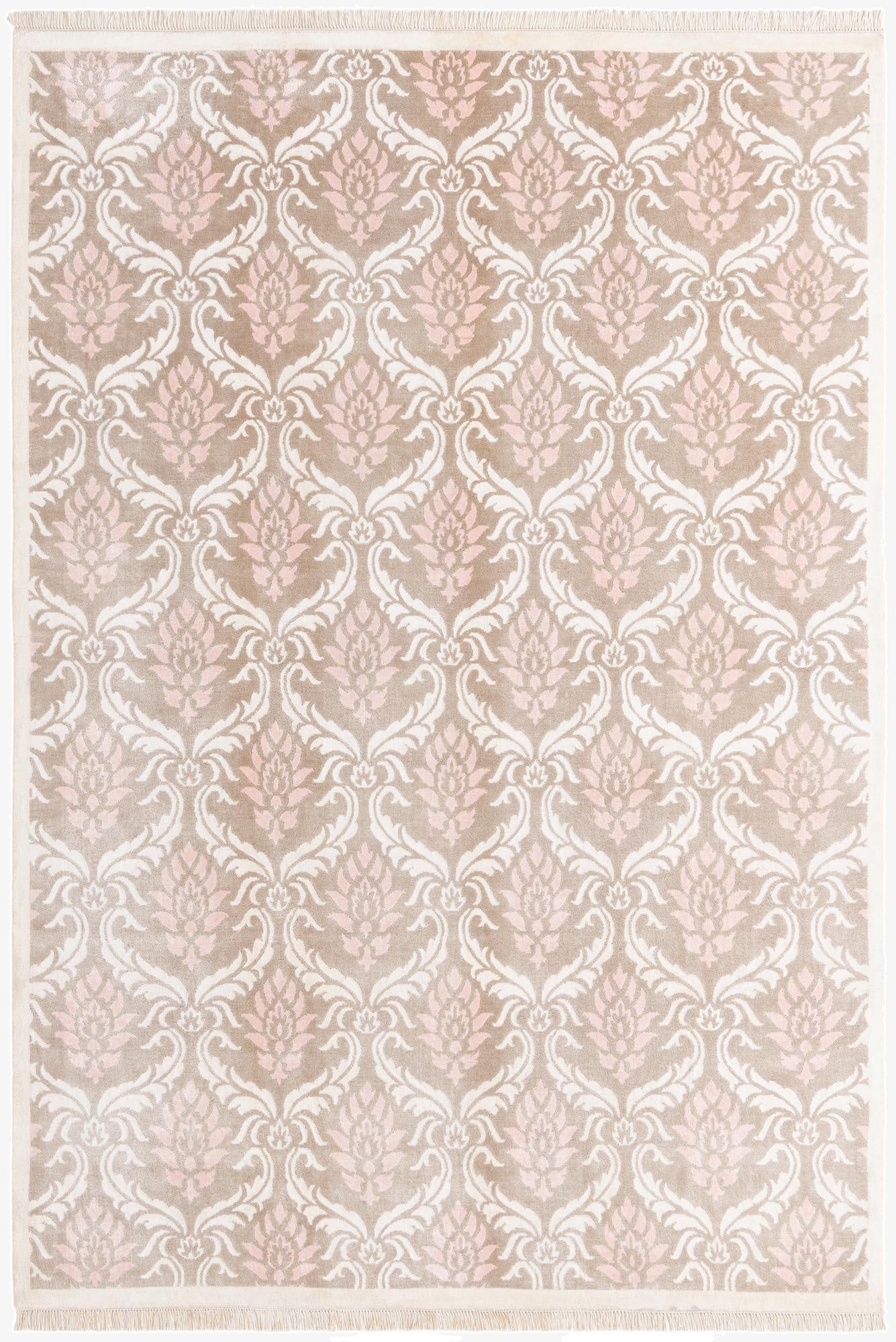 A 7x10 rectangular Darya rug with a modern oriental pattern in brown, tan, ivory, and cream.