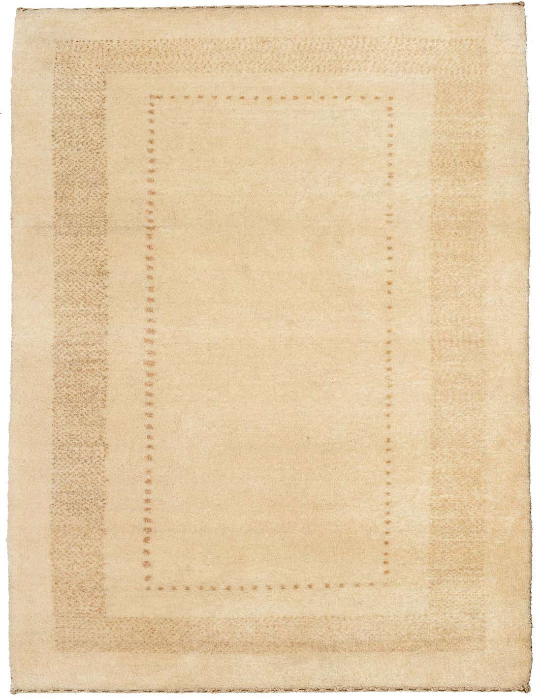 A 3x4 rectangular Rugs.com Gabbeh rug in shades of brown and tan, featuring a subtle modern oriental border pattern on a cream field.