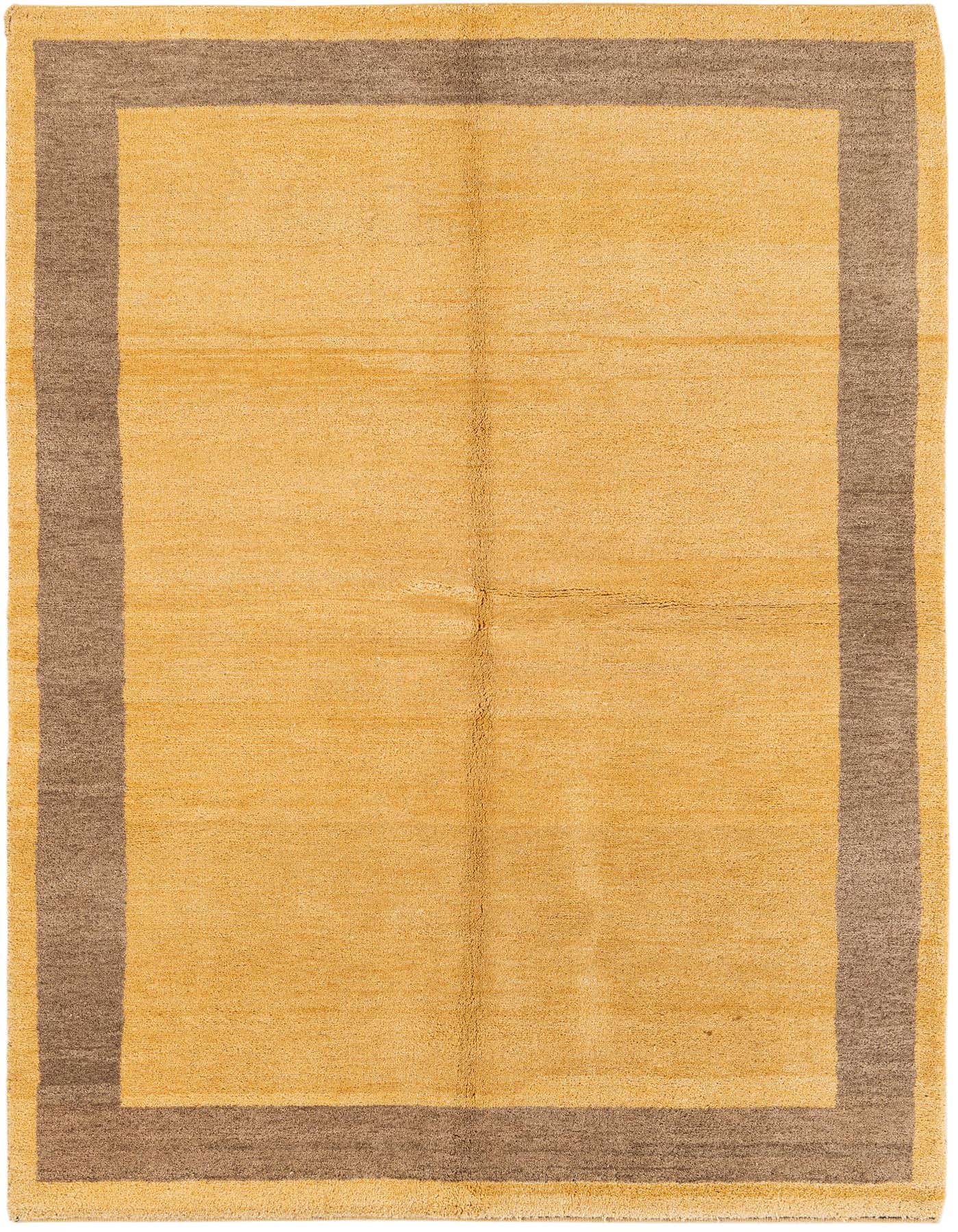 A 5x8 rectangular Gabbeh rug featuring a solid ivory/cream center with a wide brown border, suitable for a living room.