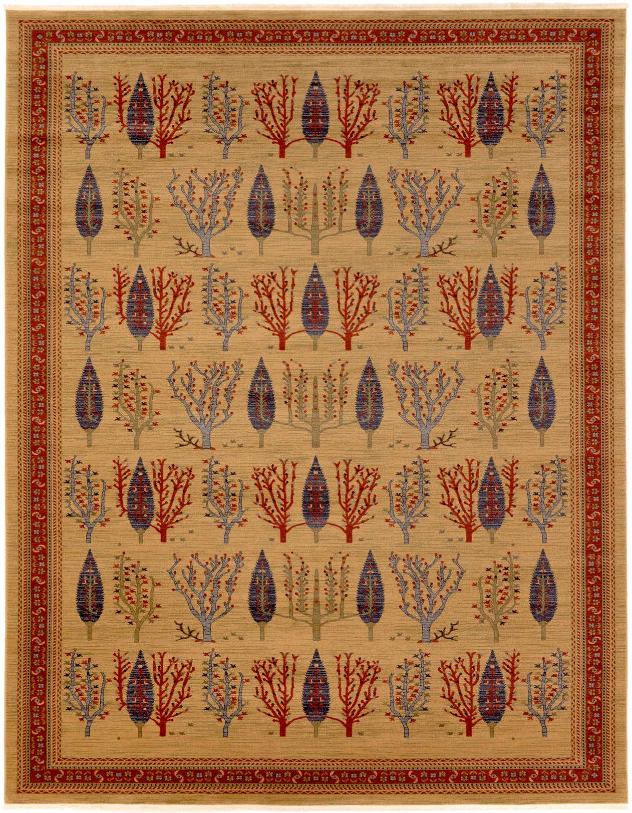 A rectangular Kashkuli Gabbeh rug with a tan field, featuring rows of stylized red and blue botanical trees, framed by a detailed red border.