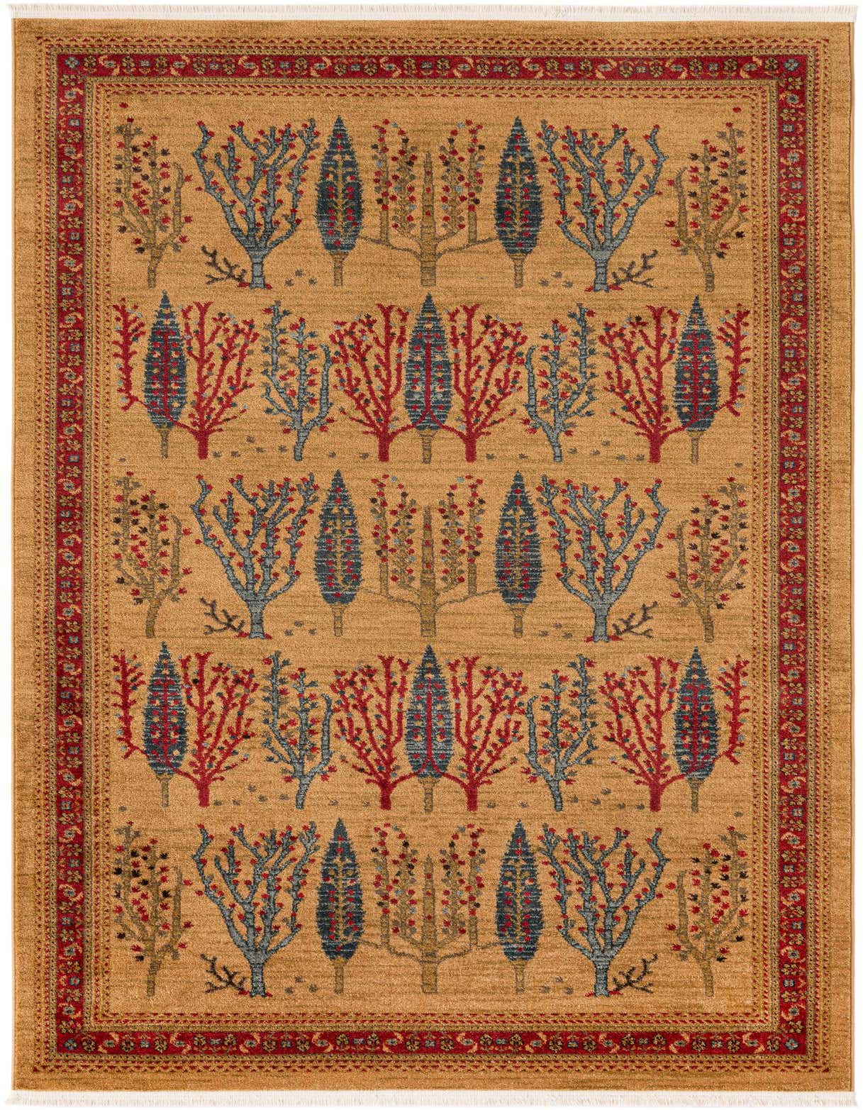 A 5x8 rectangular brown area rug with a botanical tree pattern in red, blue, and tan, framed by a red border.