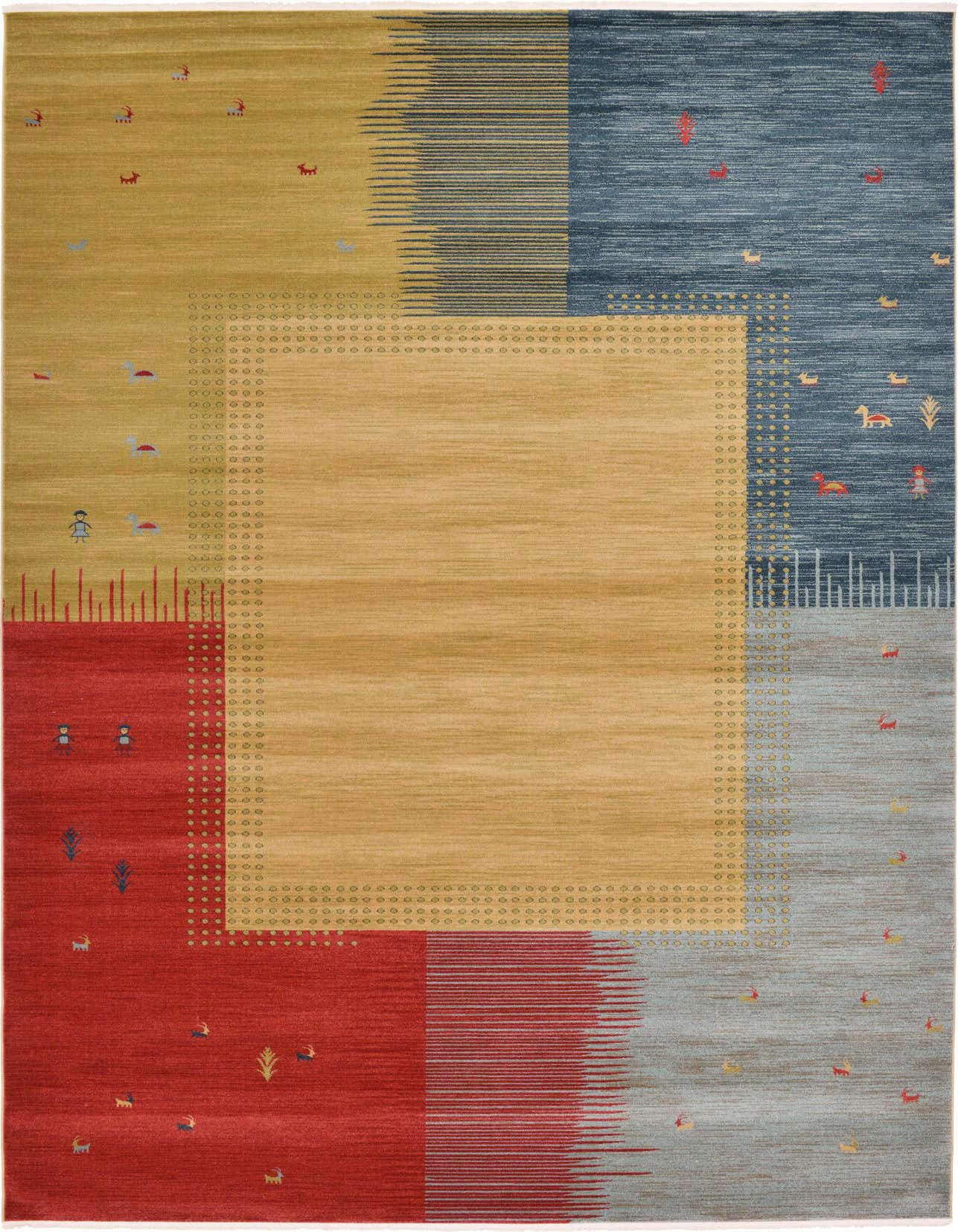 A rectangular Kashkuli Gabbeh rug featuring a multi-color abstract design with geometric shapes and small tribal animal motifs.