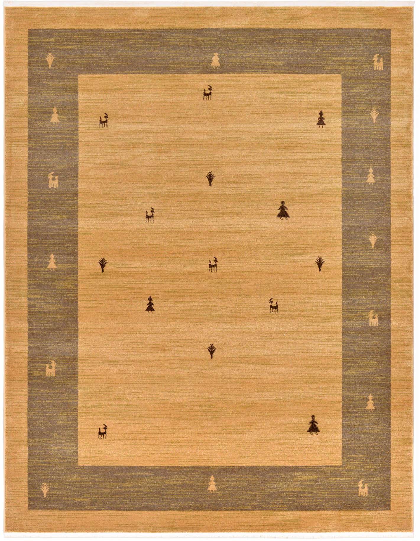 A 7x10 rectangular Kashkuli Gabbeh rug in tan with a brown border and scattered tribal animal and plant motifs.