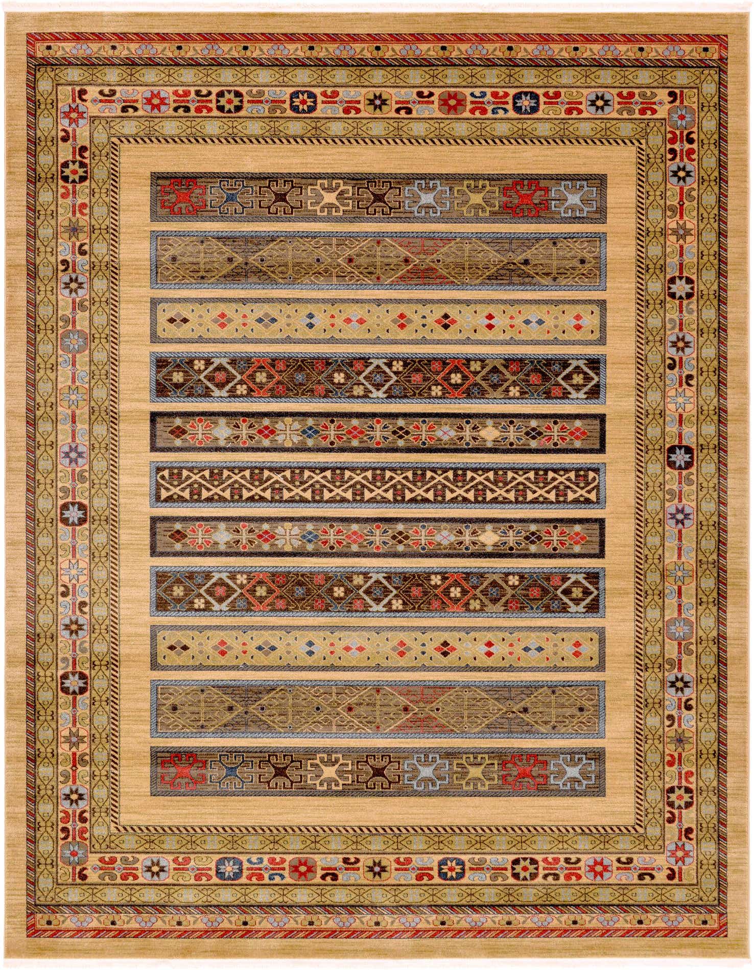 A 9x12 rectangular Kashkuli Gabbeh rug featuring a tan field with horizontal stripes of tribal patterns in brown, red, blue, and cream, framed by a multi-bordered edge.