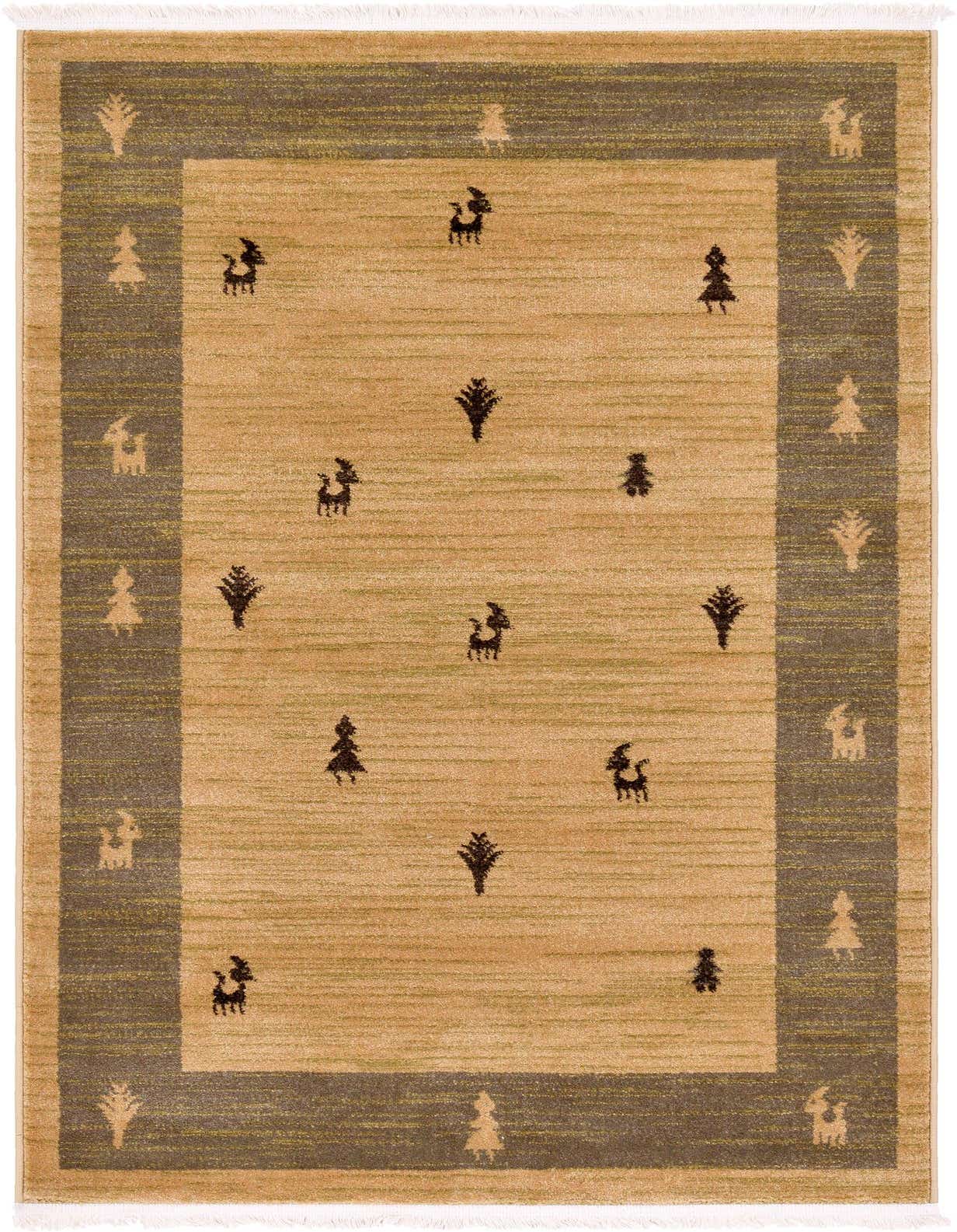 A 3x5 rectangular Kashkuli Gabbeh rug featuring a tan field with dark brown tribal deer and tree motifs, bordered by a dark brown band with lighter tree patterns.