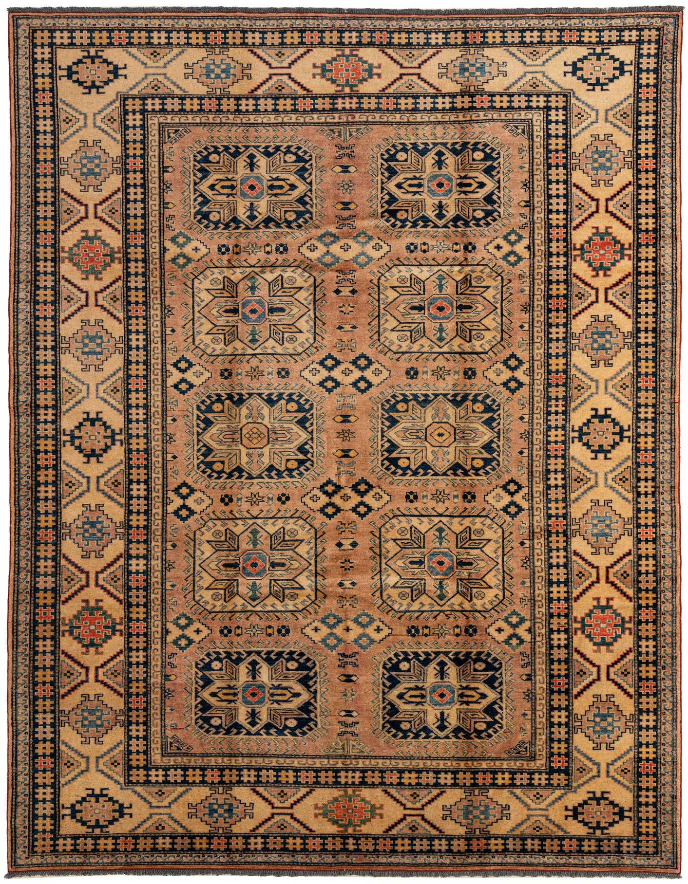 A 7x10 rectangular Kazak rug with a brown and tan oriental pattern, featuring geometric medallions and a detailed border.