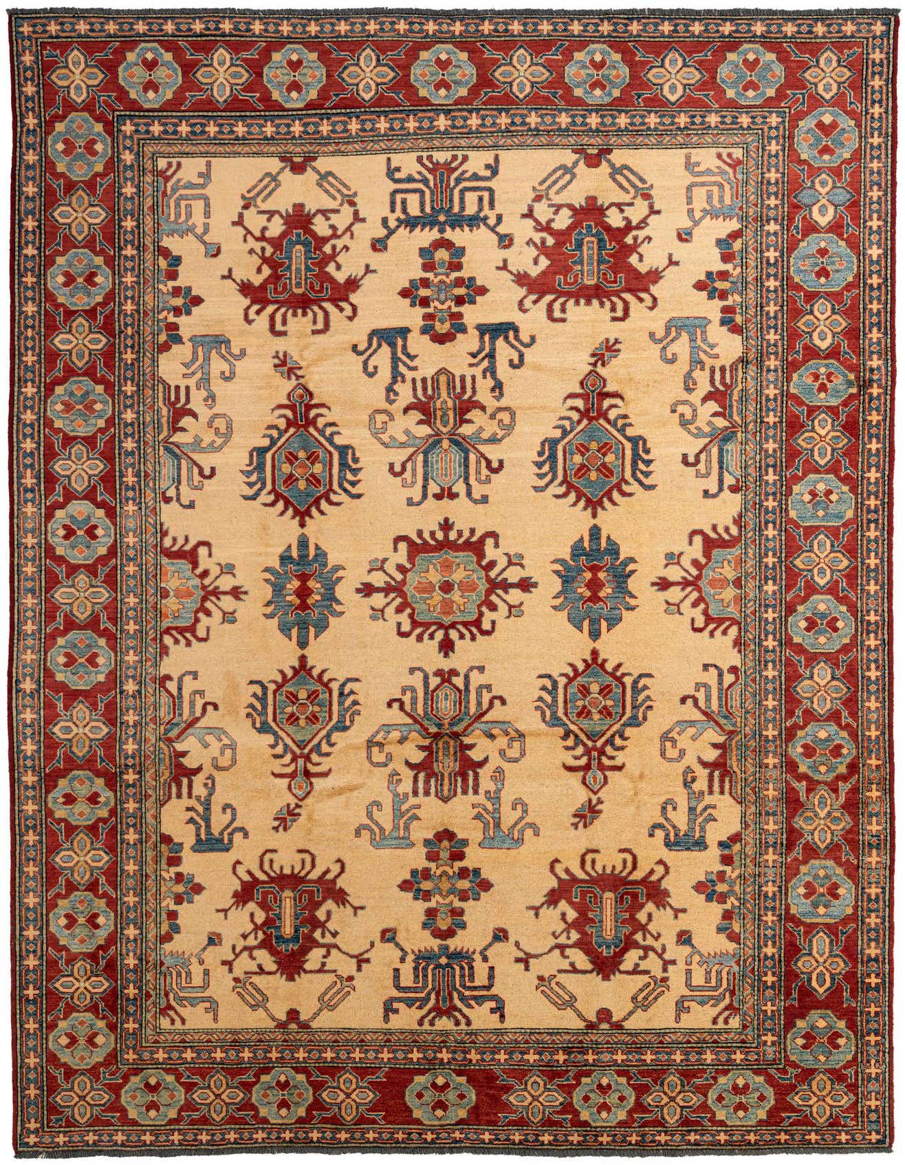 An 8x11 rectangular Kazak rug with a cream field and traditional red, blue, and brown Bohemian patterns.