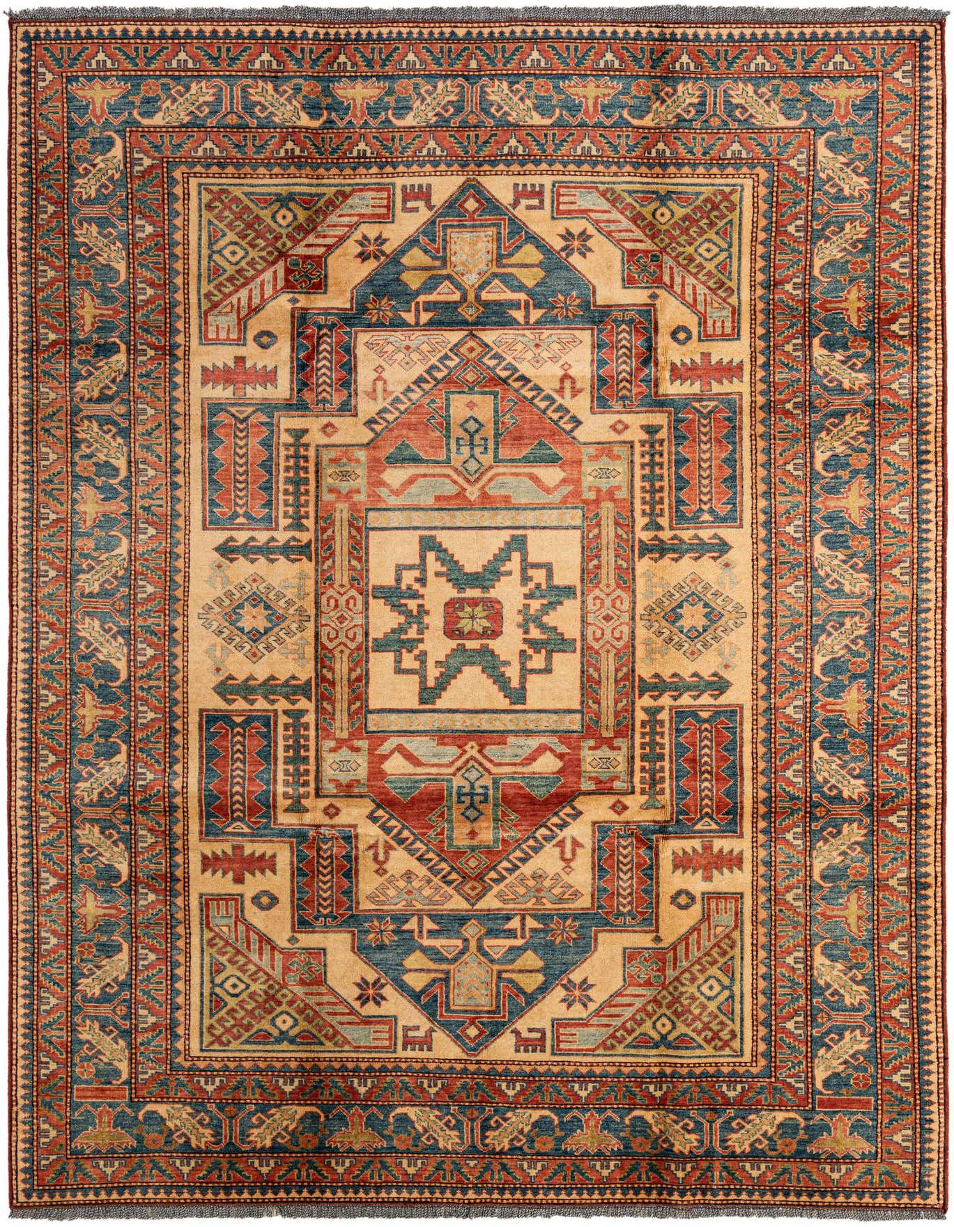 A 7x10 rectangular Rugs.com Kazak rug with a central medallion, featuring intricate Oriental patterns in browns, tans, ivories, reds, and blues.