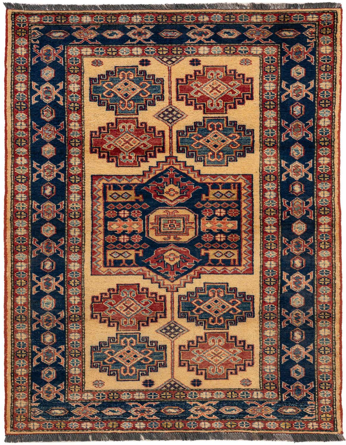 A 3x5 rectangular Kazak wool rug featuring a central medallion and geometric patterns in tan, ivory, navy, and red.