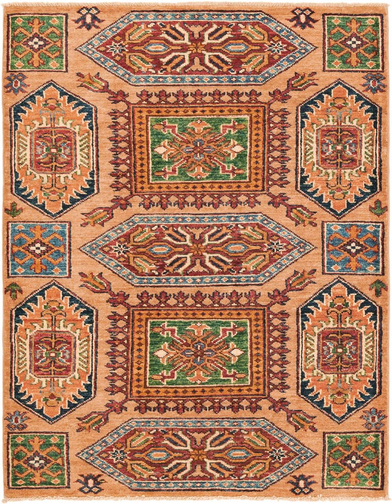 A 3x4 rectangular Kazak rug with a traditional tribal medallion pattern in browns, tans, ivories, and various accent colors.