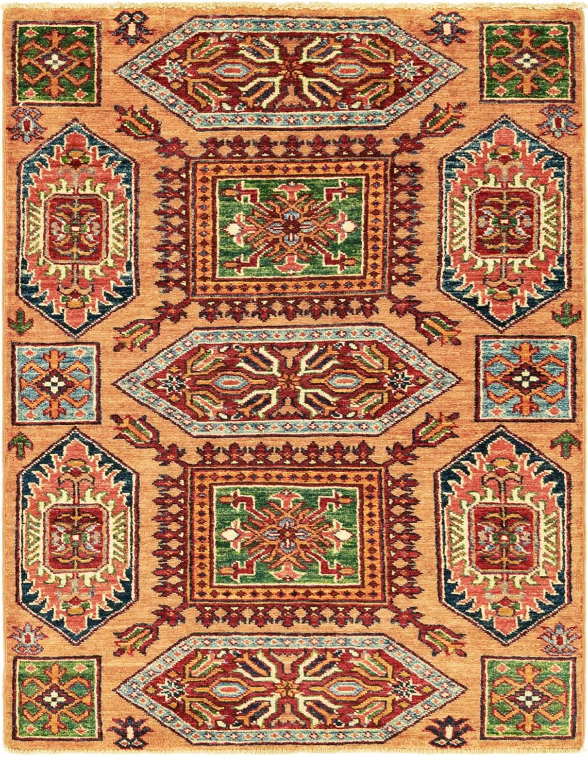 A 3x4 rectangular Rugs.com Kazak rug with a traditional tribal pattern in shades of brown, red, green, and blue.