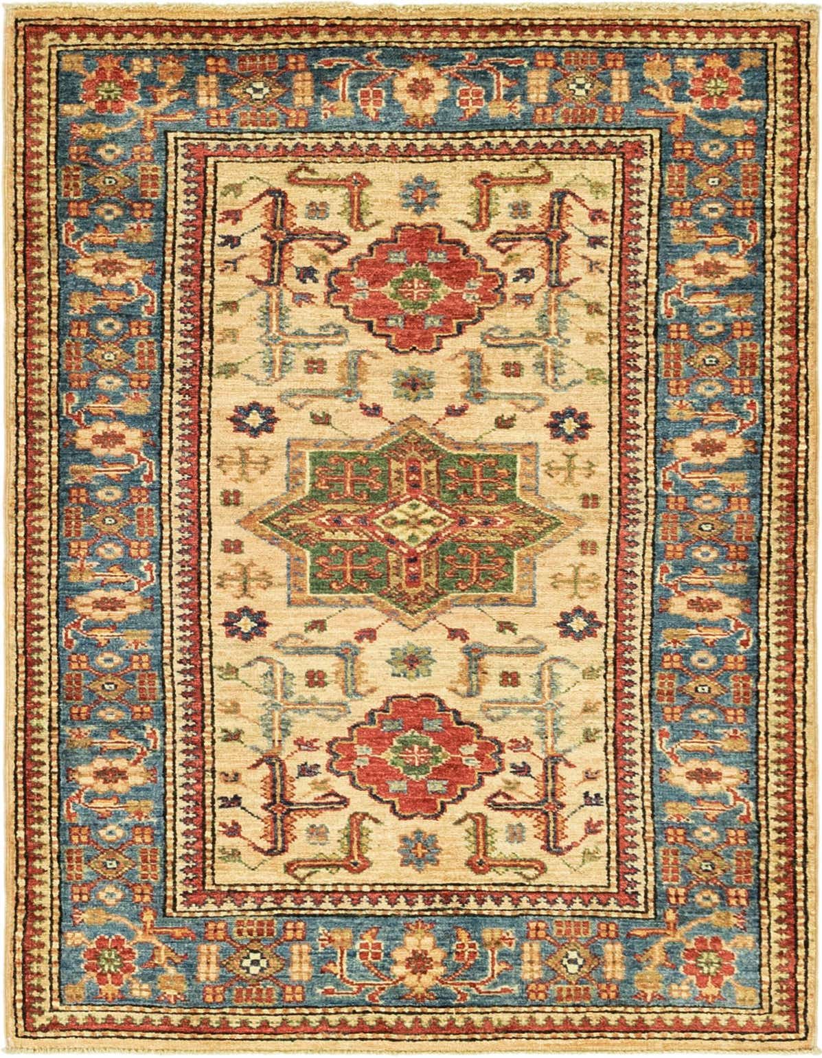 A 3x4 rectangular Kazak rug with a central medallion in green and red on a cream field, bordered by intricate tribal patterns in blue and red.