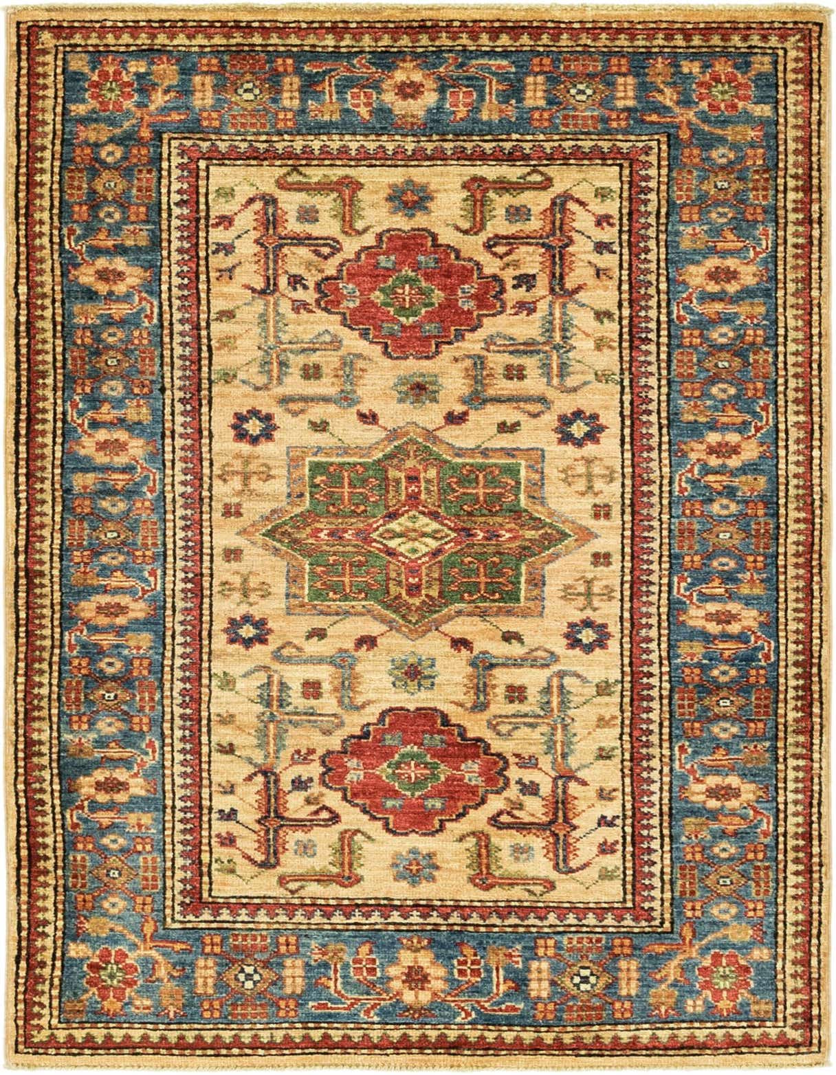 A 3x4 rectangular brown and ivory traditional rug with a central medallion and tribal patterns, featuring blue and red accents.