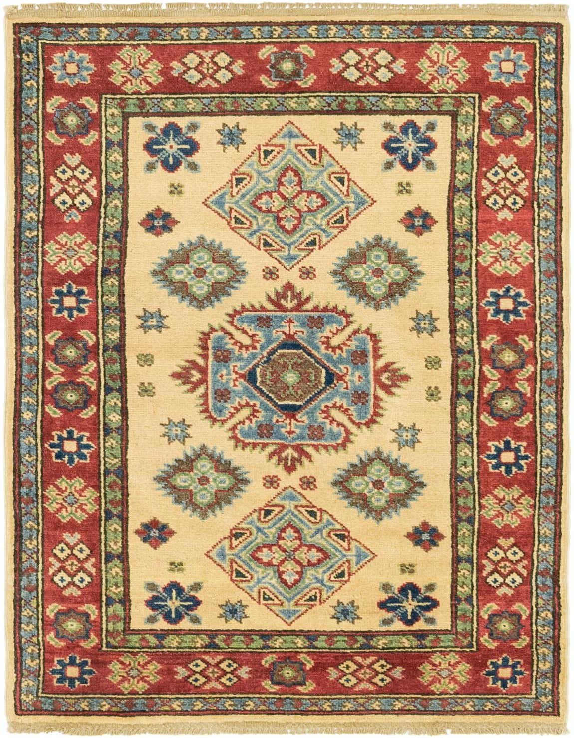 A 3x4 rectangular Kazak rug with a cream field, red border, and tribal medallion patterns in blue, green, and brown.