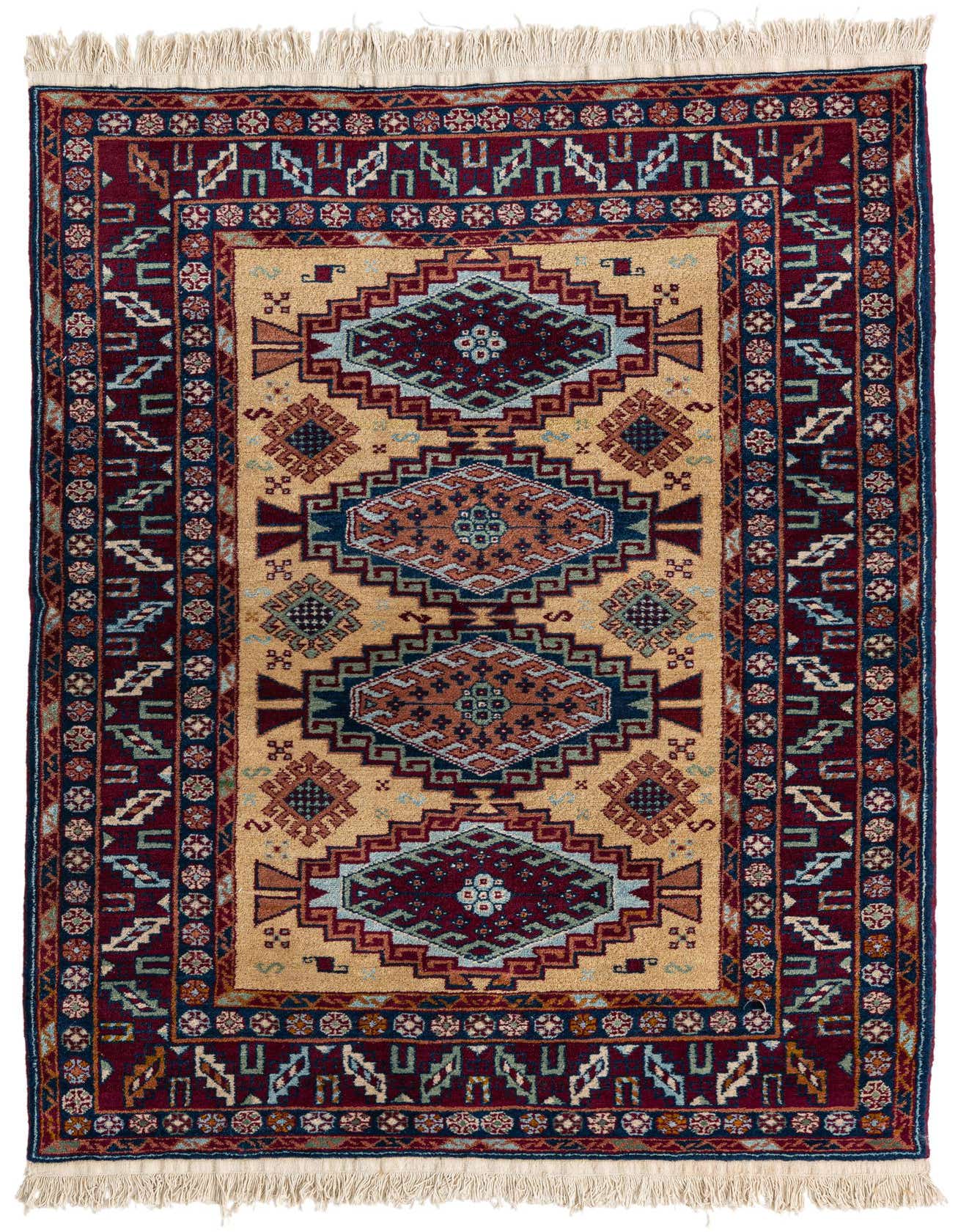 A 4x6 rectangular Kazak wool rug featuring a traditional Oriental medallion pattern in browns, tans, ivories, and deep reds, with fringed ends.