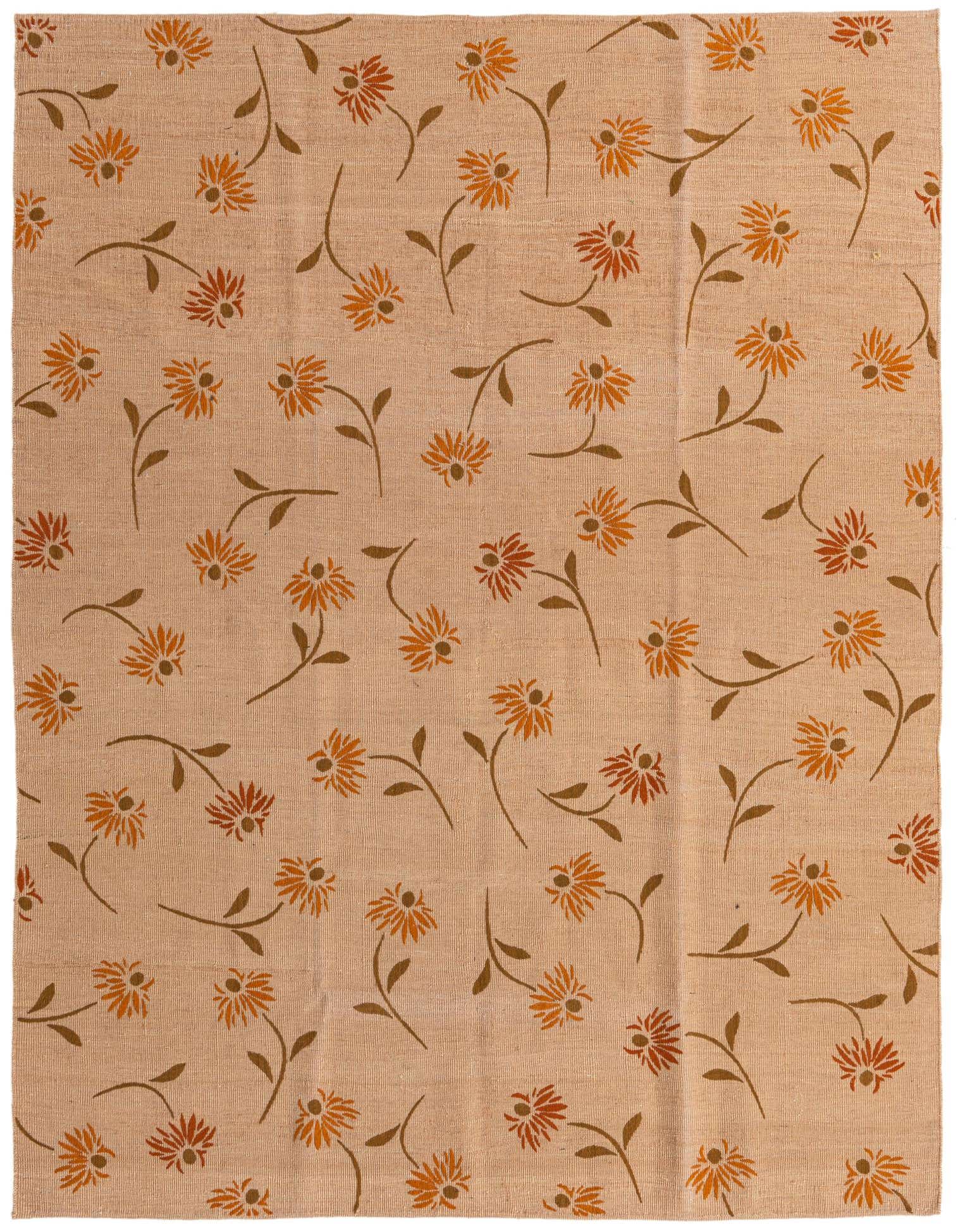 A 6x9 rectangular flatweave rug with a cream background and scattered orange, brown, and ivory floral patterns.