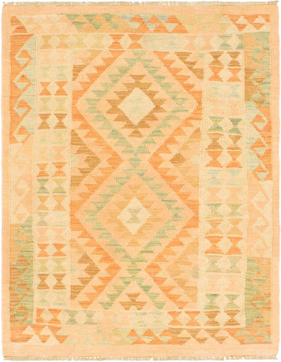 A 3x4 rectangular Kilim Waziri wool rug featuring a traditional tribal medallion pattern in browns, tans, and creams.
