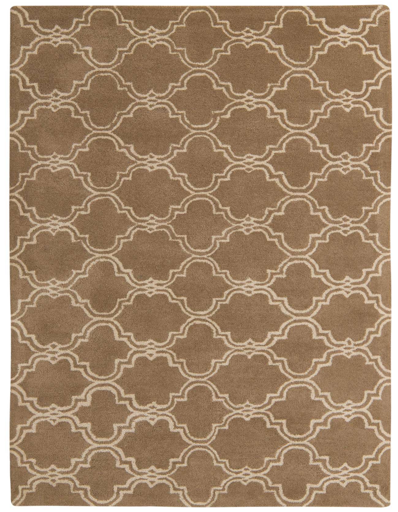 A rectangular 5x8 Luna Collection rug with a modern Moroccan trellis pattern in brown and ivory.