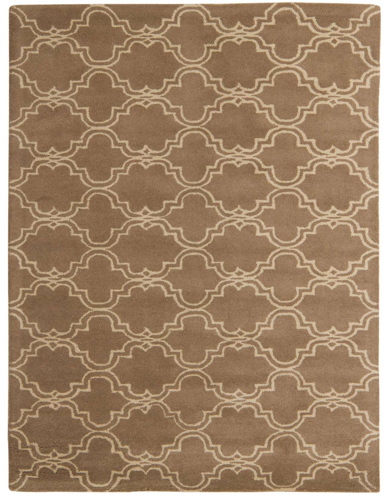 A 5x8 rectangular Luna Collection wool rug in brown with an ivory modern trellis pattern, perfect for a living room.