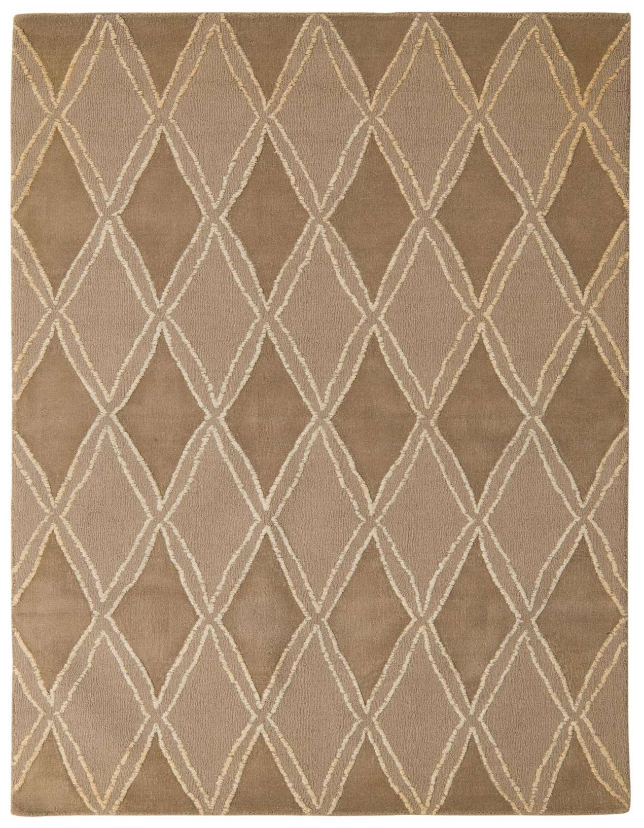 A 5x8 rectangular Luna Collection wool rug featuring a modern diamond pattern in varying shades of brown and cream.