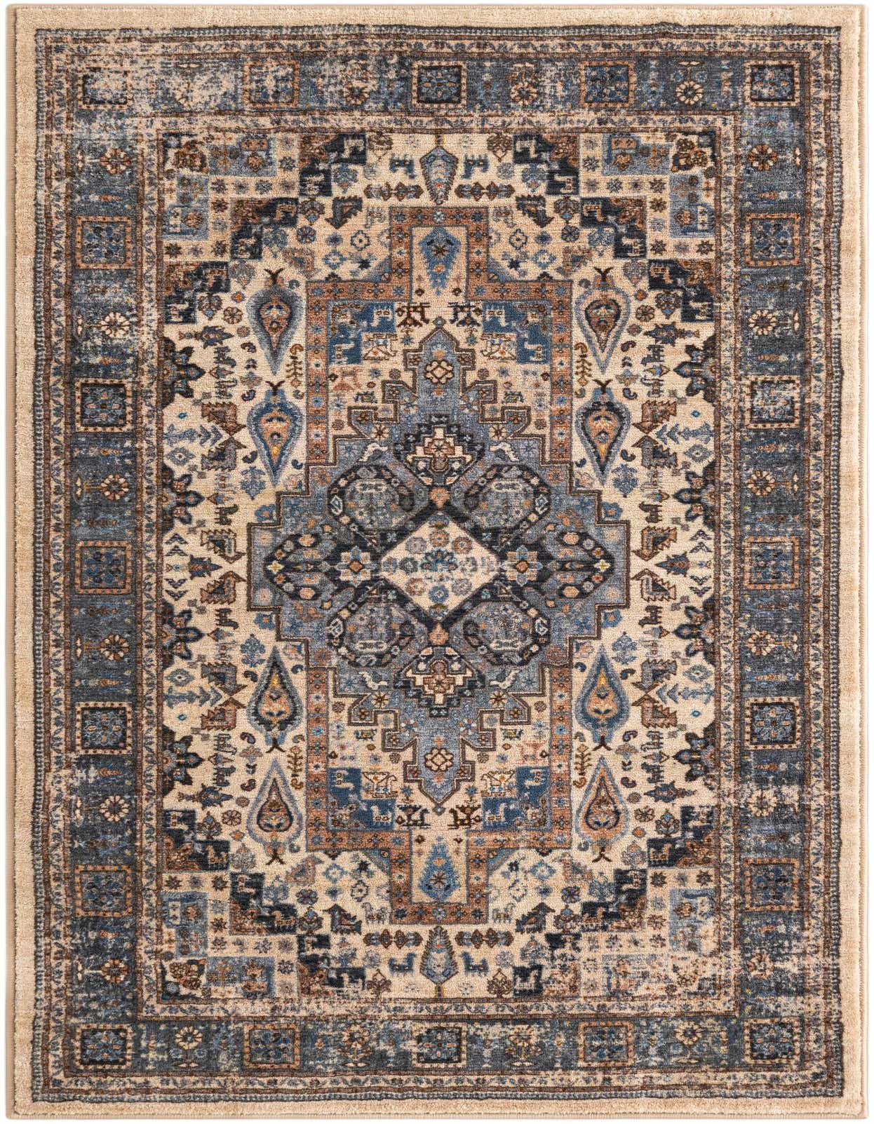 A rectangular 3x5 Medina rug featuring a distressed traditional pattern in shades of blue, brown, and cream.