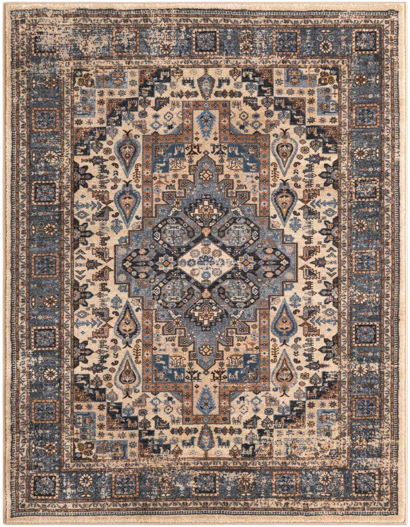 A rectangular 4x6 Rugs.com Medina rug featuring a distressed traditional pattern in shades of brown, tan, ivory, and blue.