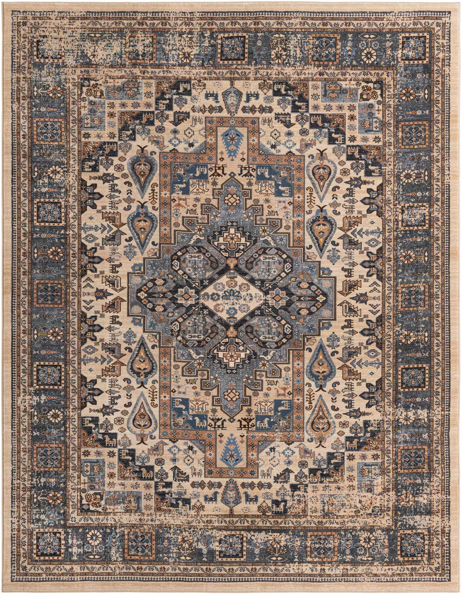 An 8x10 rectangular Medina rug featuring a distressed traditional pattern in shades of brown, tan, and cream.