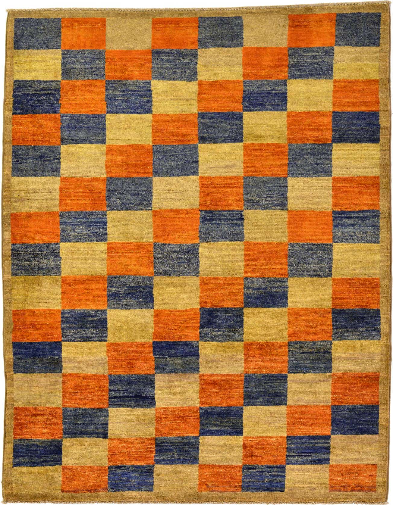 A 4x6 rectangular Modern Ziegler rug featuring a checkerboard pattern in shades of orange, blue, and light tan.